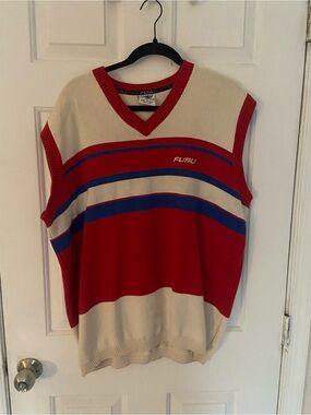 FUBU Red, Cream & Blue Striped V-Neck Sweater Vest